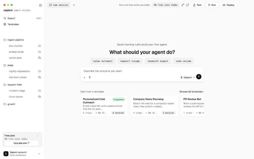 Sapiom agent.studio welcome screen with prompt, quick-start chips, and suggested templates.