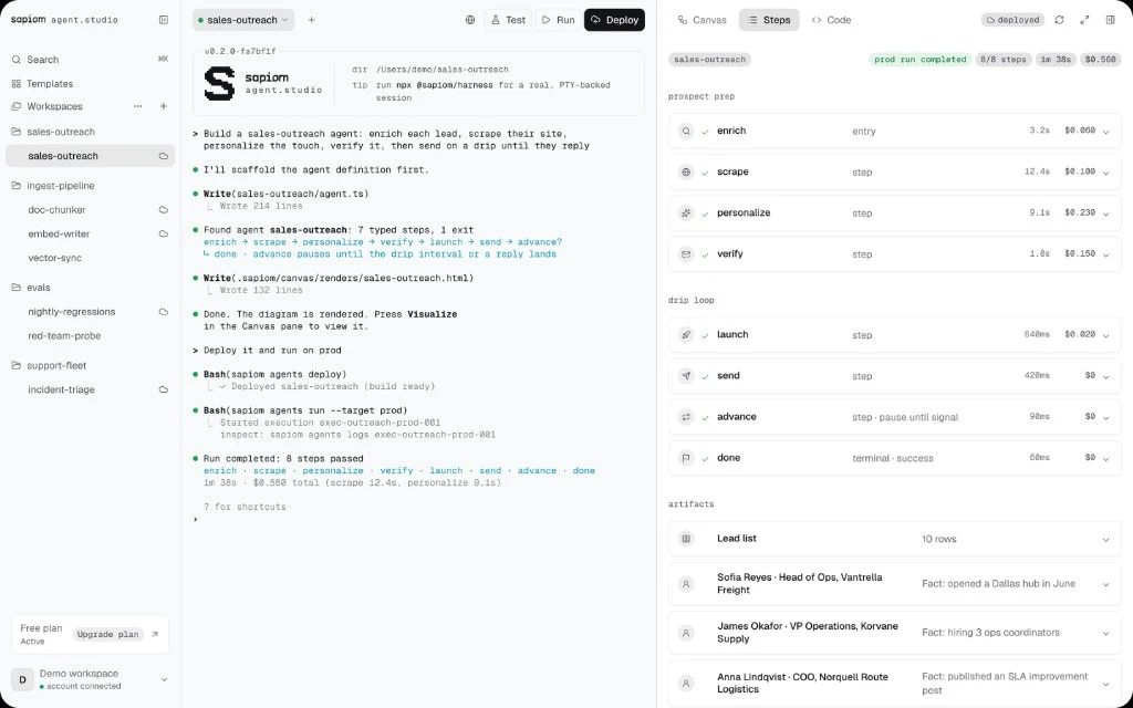 Sapiom agent.studio after deploying sales-outreach, with checklist, run receipt, and lead artifacts.
