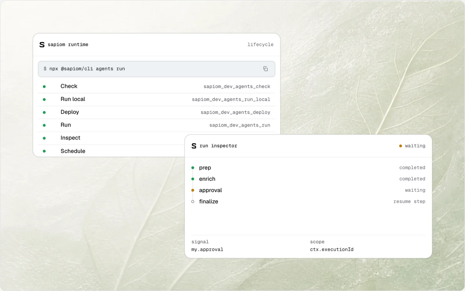 Sapiom Runtime lifecycle and run inspector showing completed steps, a waiting approval, and resume.